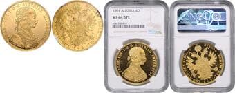 HOUSE OF HABSBURG FRANZ JOSEPH I (1848 - 1916) 4 Ducats, 1891, Wien, Früh 1140 NGC MS 64 DPL | Mimořádný...