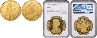 HOUSE OF HABSBURG FRANZ JOSEPH I (1848 - 1916) 4 Ducats, 1896, Wien, Früh 1145 NGC MS 63 FRANTIŠEK JOSEF I....