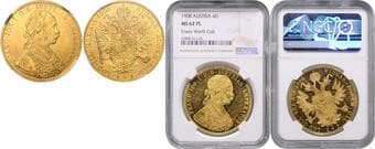 HOUSE OF HABSBURG FRANZ JOSEPH I (1848 - 1916) 4 Ducats, 1908, Wien, Früh 1157 NGC MS 62 PL | Mimořádný...