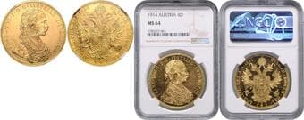HOUSE OF HABSBURG FRANZ JOSEPH I (1848 - 1916) 4 Ducats, 1914, Wien, Früh 1163 NGC MS 64 | Mimořádný...