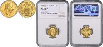 HOUSE OF HABSBURG FRANZ JOSEPH I (1848 - 1916) 1 Ducat, 1887, Wien, Früh 1246 NGC MS 62 PL FRANTIŠEK JOSEF I....