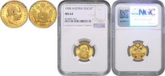 HOUSE OF HABSBURG FRANZ JOSEPH I (1848 - 1916) 1 Ducat, 1908, Wien, Früh 1267 NGC MS 64 FRANTIŠEK JOSEF I....