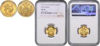 HOUSE OF HABSBURG FRANZ JOSEPH I (1848 - 1916) 1 Ducat date error, 1915/1951, Wien, Früh 1275 NGC MS 66 ...