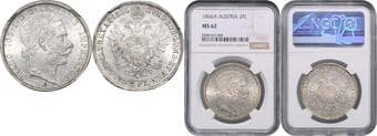 HOUSE OF HABSBURG FRANZ JOSEPH I (1848 - 1916) 2 Gulden, 1866, A, Früh 1364 NGC MS 62 FRANTIŠEK JOSEF I. (1848...