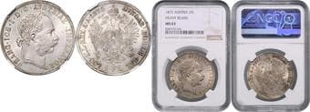 HOUSE OF HABSBURG FRANZ JOSEPH I (1848 - 1916) 2 Gulden, 1872, Wien, Früh 1371 NGC MS 63 FRANTIŠEK JOSEF I....