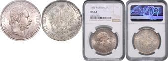 HOUSE OF HABSBURG FRANZ JOSEPH I (1848 - 1916) 2 Gulden, 1875, Wien, Früh 1374 NGC MS 64 FRANTIŠEK JOSEF I....