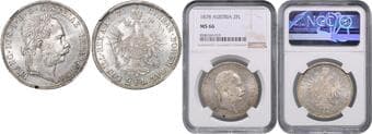 HOUSE OF HABSBURG FRANZ JOSEPH I (1848 - 1916) 2 Gulden, 1878, Wien, Früh 1377 NGC MS 66 | Mimořádný...