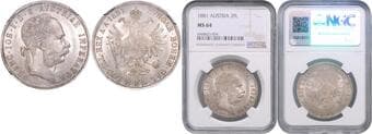HOUSE OF HABSBURG FRANZ JOSEPH I (1848 - 1916) 2 Gulden, 1881, Wien, Früh1380 NGC MS 64 FRANTIŠEK JOSEF I....