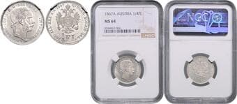 HOUSE OF HABSBURG FRANZ JOSEPH I (1848 - 1916) 1/4 Gulden, 1867, A, Früh 1548 NGC MS 64 | Mimořádný exemplář!...