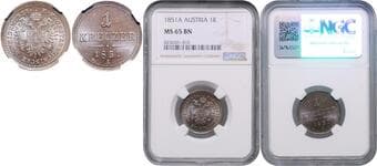 HOUSE OF HABSBURG FRANZ JOSEPH I (1848 - 1916) 1 Kreuzer, 1851, A, Früh 1639 NGC MS 65 BN FRANTIŠEK JOSEF I....