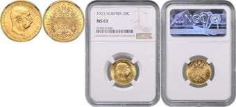 HOUSE OF HABSBURG FRANZ JOSEPH I (1848 - 1916) 20 Corona, 1913, Wien, Früh 1943 NGC MS 63 | Mimořádný...
