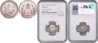HOUSE OF HABSBURG FRANZ JOSEPH I (1848 - 1916) 1 Corona, 1892, Wien, Früh 1965 NGC MS 66 PL | Mimořádný...