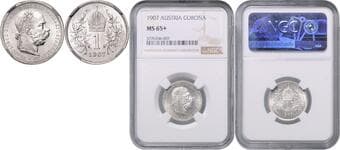 HOUSE OF HABSBURG FRANZ JOSEPH I (1848 - 1916) 1 Corona, 1907, Wien, Früh 1980 NGC MS 65+ | Mimořádný...