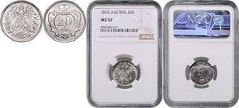 HOUSE OF HABSBURG FRANZ JOSEPH I (1848 - 1916) 20 Heller, 1892, Wien, Früh 1986 NGC MS 67 | Mimořádný...