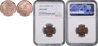 HOUSE OF HABSBURG FRANZ JOSEPH I (1848 - 1916) 2 Heller, 1892, Wien, Früh 2008 NGC MS 63 BN FRANTIŠEK JOSEF I....