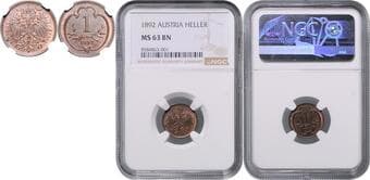 HOUSE OF HABSBURG FRANZ JOSEPH I (1848 - 1916) 1 Heller, 1892, Wien, Früh 2033 NGC MS 63 BN FRANTIŠEK JOSEF I....