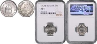 HOUSE OF HABSBURG FRANZ JOSEPH I (1848 - 1916) 20 Filler, 1892, KB, Früh 2125 NGC MS 66 | Mimořádný exemplář!...