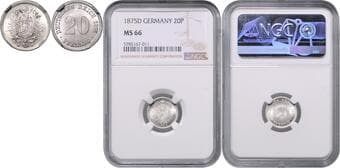 GERMAN STATES SINCE 1871 GERMAN EMPIRE 20 Pfennig, 1875, D, Jäg 5 NGC MS 66 NĚMECKÉ CÍSAŘSTVÍ 20 Pfennig,...