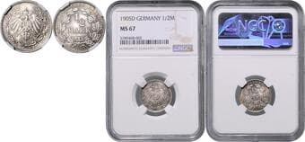 GERMAN STATES SINCE 1871 GERMAN EMPIRE 1/2 Mark, 1905, D, Jäg 16 NGC MS 67 NĚMECKÉ CÍSAŘSTVÍ 1/2 Marka,...