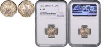 GERMAN STATES SINCE 1871 GERMAN EMPIRE 1/2 Mark, 1916, E, Jäg 16 NGC MS 68 | Mimořádný exemplář! | Jeden...