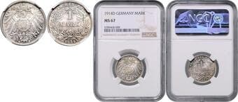 GERMAN STATES SINCE 1871 GERMAN EMPIRE 1 Mark, 1914, D, Jäg 17 NGC MS 67 NĚMECKÉ CÍSAŘSTVÍ 1 Marka, 1914,...