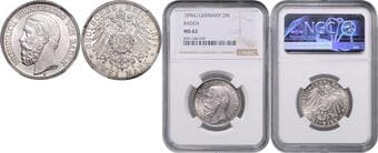 GERMAN STATES SINCE 1871 BADEN 2 Mark Baden, 1896, G, Jäg 28 NGC MS 62 BADEN 2 Marka Baden, 1896, G, Jäg 28 ...