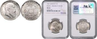 GERMAN STATES SINCE 1871 BADEN 2 Mark Baden To Commemorate the Death of the Grand Duke, 1907, (G), Jäg 36 NGC MS...
