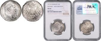 GERMAN STATES SINCE 1871 BAVARIA 2 Mark Bavaria 90th Birthday and 25th Anniversary of Reign, 1911, D, Jäg 48 NGC...