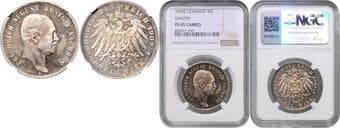 GERMAN STATES SINCE 1871 SAXONY 3 Mark Saxony, 1909, E, Jäg 135 NGC PF 65 CAMEO | Mimořádný exemplář! | Jeden...