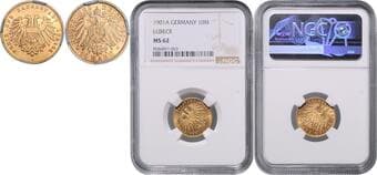 GERMAN STATES SINCE 1871 LÜBECK 10 Mark Lübeck, 1901, A, Jäg 227 NGC MS 62 LÜBECK 10 Marka Lübeck, 1901, A,...