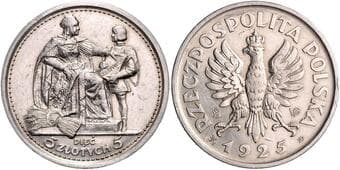 POLAND REPUBLIC OF POLAND 5 Zlotych (pattern coin), 1925, 24,88g, Parch P140a about EF | about EF , rysky |...
