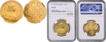 RUSSIA CATHERINE THE GREAT (1762 - 1796) 10 Roubles Catherine the Great (1762 - 1796), 1776, C.N.B., Bit 32 NGC AU...