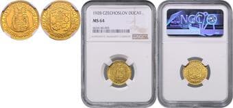 CZECHOSLOVAKIA CZECHOSLOVAK REPUBLIC 1 Ducat, 1928, Kremnica, MCHCSR1D-005 NGC MS 64 ČESKOSLOVENSKÁ REPUBLIKA ...