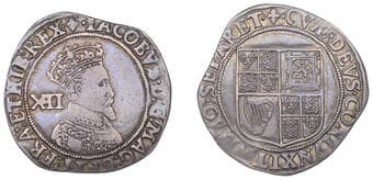 The Gary Oddie Collection of English Regal Shillings
James I (1603-1625), Second coinage, Shilling, third bust, mm....