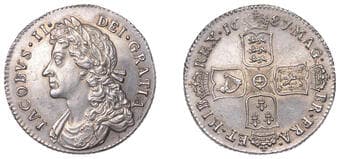 The Gary Oddie Collection of English Regal Shillings
James II (1685-1688), Shilling, 1687/6, g over a in mag, harp...