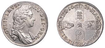 The Gary Oddie Collection of English Regal Shillings
William III (1694-1702), Shilling, 1695, first bust, harp with...