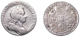 The Gary Oddie Collection of English Regal Shillings
George I (1714-1727), Shilling, 1727, second bust, roses and...