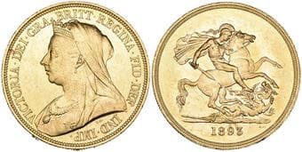 g Victoria, old head, five-pounds, 1893, mint state, with much original lustre, rare thus; in NGC holder graded MS 63+ ...