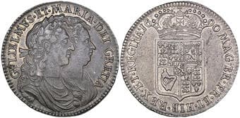 William and Mary, halfcrown, 1690, first busts right, rev., second shields, crown without frosting and without pearls,...