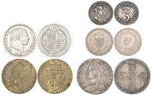 William and Mary, threepence, 1689, very fine; George II, shilling, 1758, good very fine, well toned; George III,...