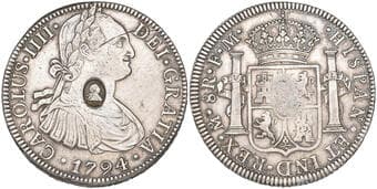 George III, Emergency Issue, dollar, a Charles IV Mexico City 8 reales, 1794 F.M., countermarked on obverse with bust...