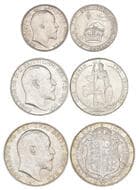 Edward VII, halfcrown, 1902 and florin, 1902, mint state; with shilling, 1910, extremely fine (3) Estimate: 150 - 200...