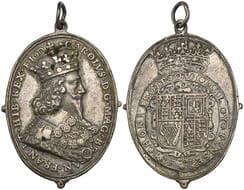 Charles I, silver Royalist badge, crowned bust right, legend around, rev., crowned Royal arms, cast and chased, with...