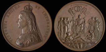 Victoria, Golden Jubilee, 1887, official bronze medal by J. E. Boehm & F. Leighton, bust left, rev., enthroned figure...