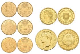 g France, Napoleon, 40 francs, 1811 A, very fine and Switzerland, 20 francs, 1883 and 10 francs (3), 1911, 1913, 1915,...