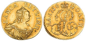 Russia, Elizabeth (1741-61), gold poltina or half-rouble, 1756, Moscow, .81g (Bit. 71; Diakov 393; F. 118), extremely...