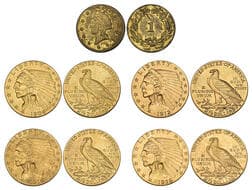 g U.S.A., 2½ dollars (4), 1909, 1912, 1914 D, 1928, generally very fine; with a base metal fantasy imitating a gold ...