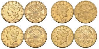 g U.S.A., 20 dollars (4), 1874 S,1881 S, 1882 S, 1903 S, 1874 cleaned, very fine, others good very fine to mint state ...