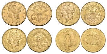 g U.S.A., 20 dollars (4), 1889 S, 1903 S (2) and 1908 St. Gaudens, no motto, good very fine to mint state (4) ...