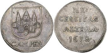 Netherlands, Campen besieged by Bernhard von Galen, Bishop of Münster, 1672, thaler of 42 stuivers, City arms, CAMPEN...